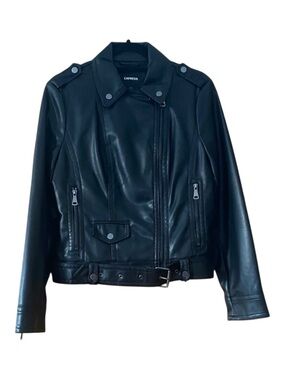Express Faux Leather Moto Jacket Black Belted Biker Zip Vegan Leather M